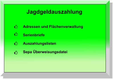 Jagdgeldauszahlung Adressen und Flächenverwaltung  Serienbriefe  Auszahlungslisten  Sepa Überweisungsdatei