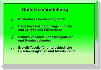 Güllefasseinstellung Kostenloses Serviceprogramm  Berechnet Ausbringmenge in m³/ha und kg N/ha und Fahrstrecke  Einfach Volumen, Entleerungsdauer und N-gehalt eingeben  Erstellt Tabelle für unterschiedliche  Geschwindigkeiten und Arbeitsbreiten